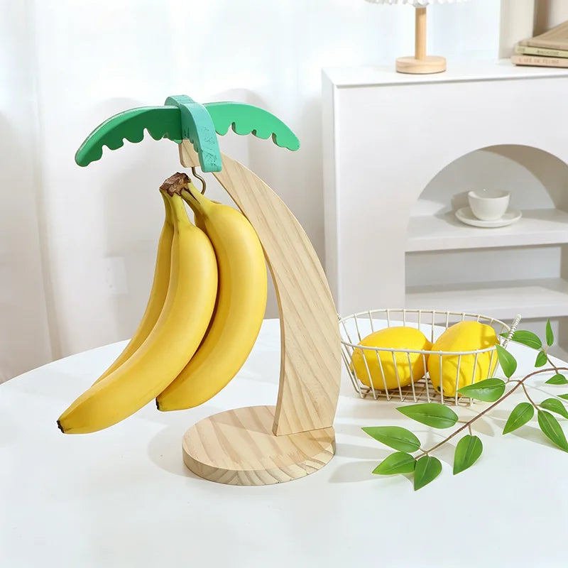 Stylish Wooden Banana Rack with Leaf Design - Vertical Fruit Storage and Kitchen Decor with Hook