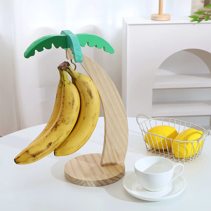 Stylish Wooden Banana Rack with Leaf Design - Vertical Fruit Storage and Kitchen Decor with Hook