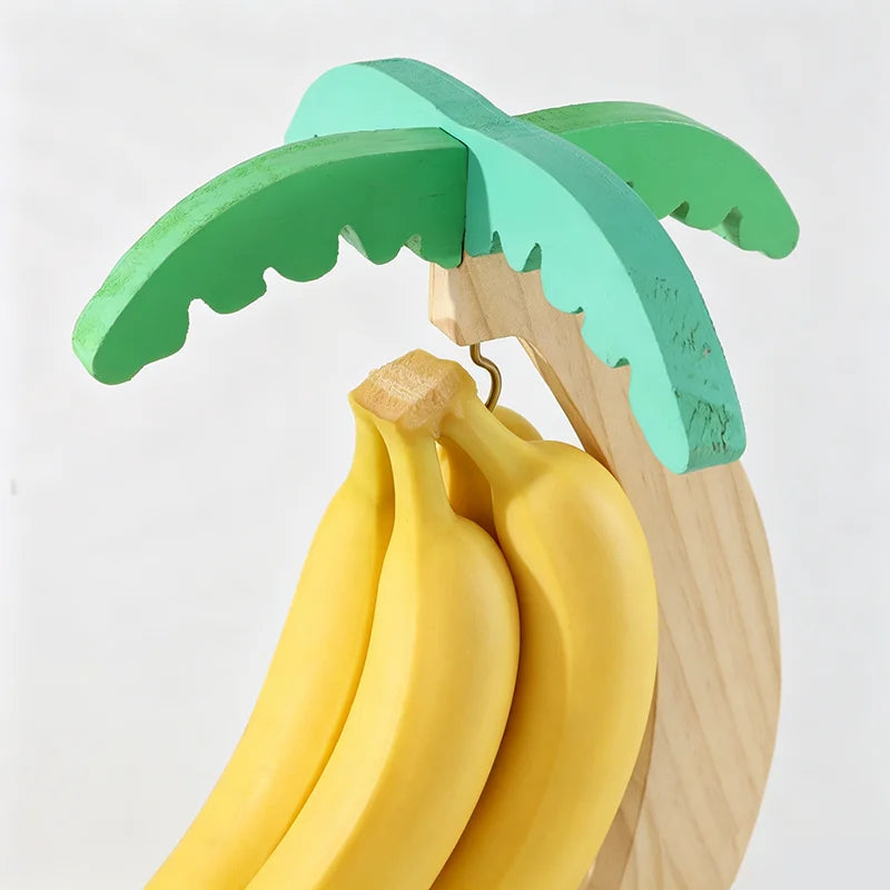 Stylish Wooden Banana Rack with Leaf Design - Vertical Fruit Storage and Kitchen Decor with Hook