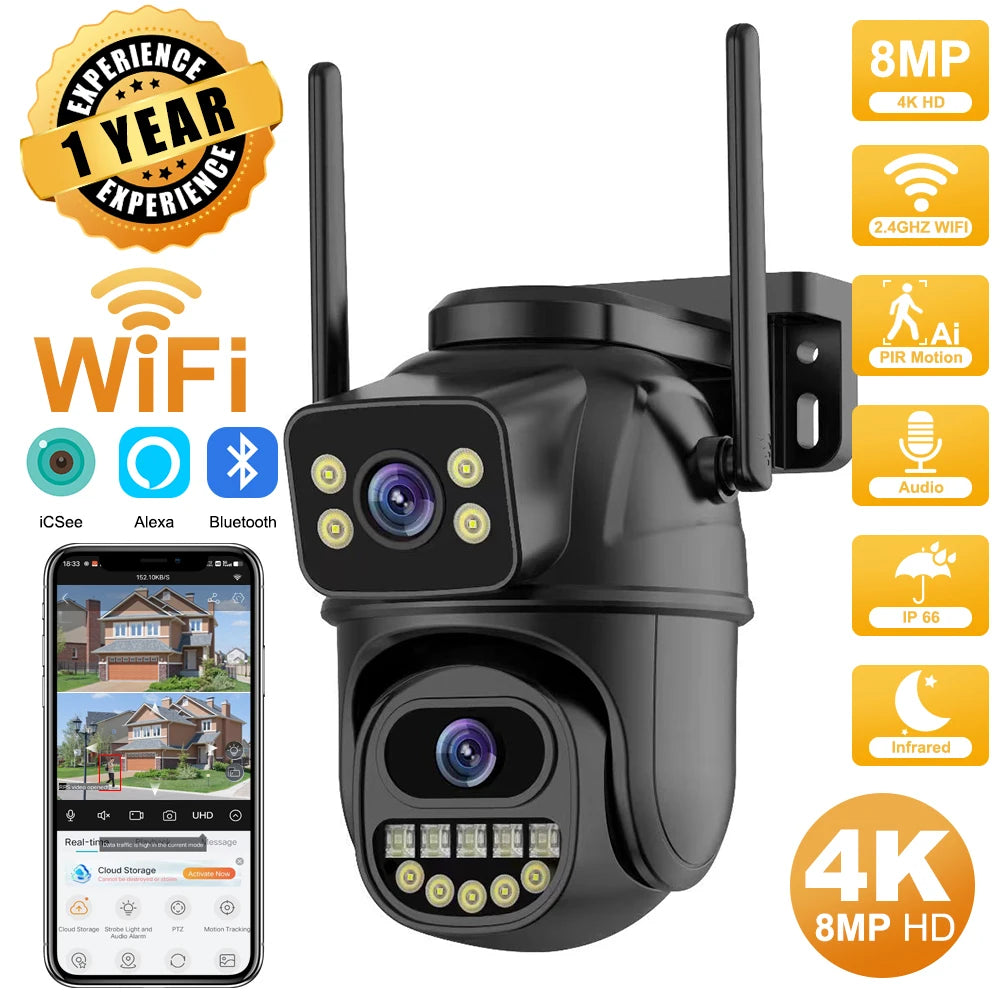 Experience Unmatched Clarity with the 4K 8MP HD Wifi PTZ Camera - Dual Lens, AI Auto Tracking, and Two-Way Audio for Ultimate Outdoor Surveillance