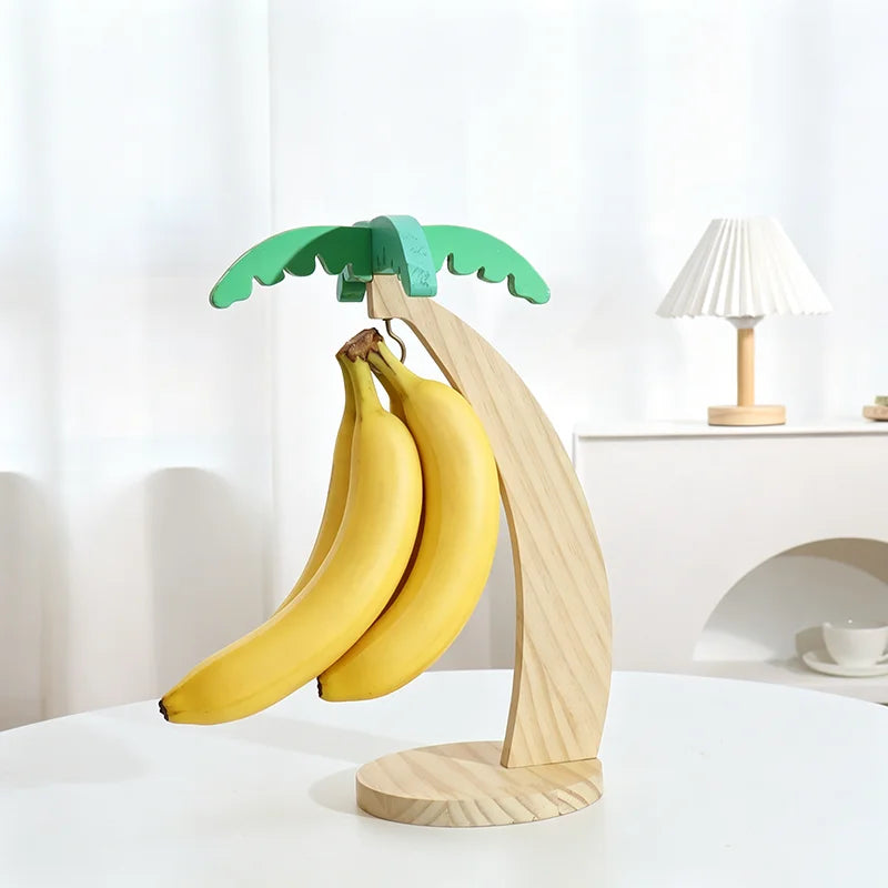 Stylish Wooden Banana Rack with Leaf Design - Vertical Fruit Storage and Kitchen Decor with Hook