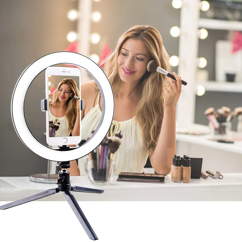 Illuminate Your Beauty: 26CM Dimmable LED Selfie Ring Light with Multi-Function Cell Phone Holder for Perfect Makeup and Live Streaming